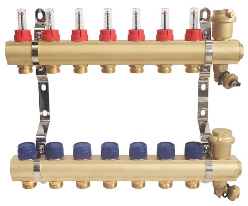 Collecteur laiton brut pre-monte plancher chauffant basse temperature - entrées F26/34 - 7 départs 3/4EK